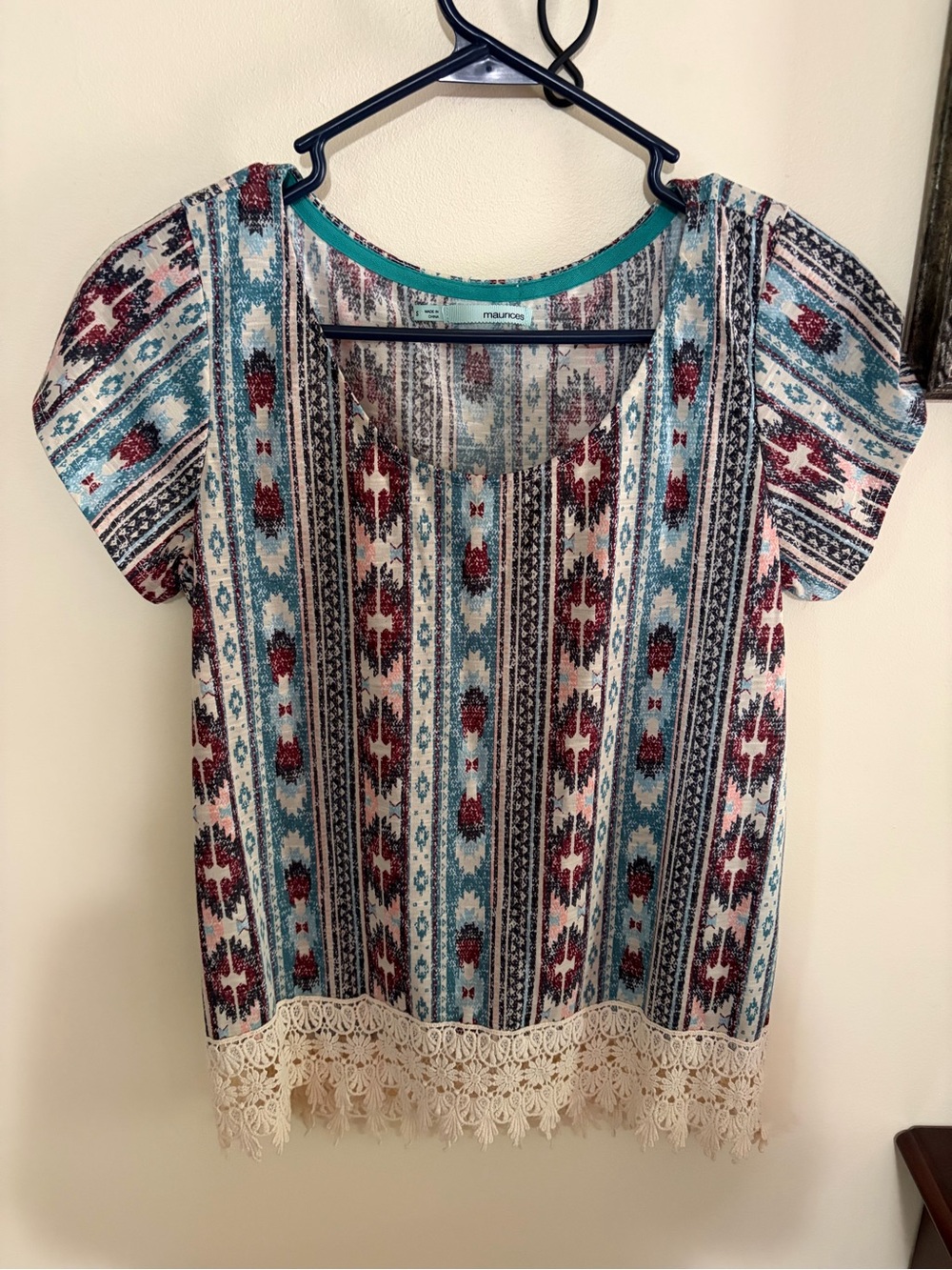 Maurices Teal, Burgundy and Cream Patterned Crochet-Hem Blouse